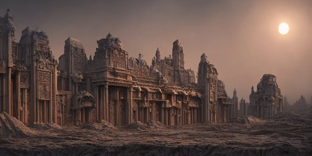 Image similar to sci - fi concrete baroque rococo gothic architecture in hell, babylonian, ziggurat, zaha hadid, beksinski, wayne barlowe, oil painting, photoreal, highly detailed, 8 k, hd, vray, artstation, cinematic matte painting, extreme detail photo quality, sunset, featured on behance