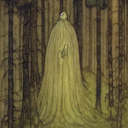 Image similar to lone person in the dark forest, trolls, painting by john bauer