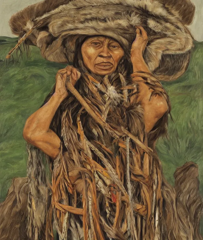 Image similar to indigenous woman hunting, painted by lucian freud, hd, super detailed, realistic, muted colors