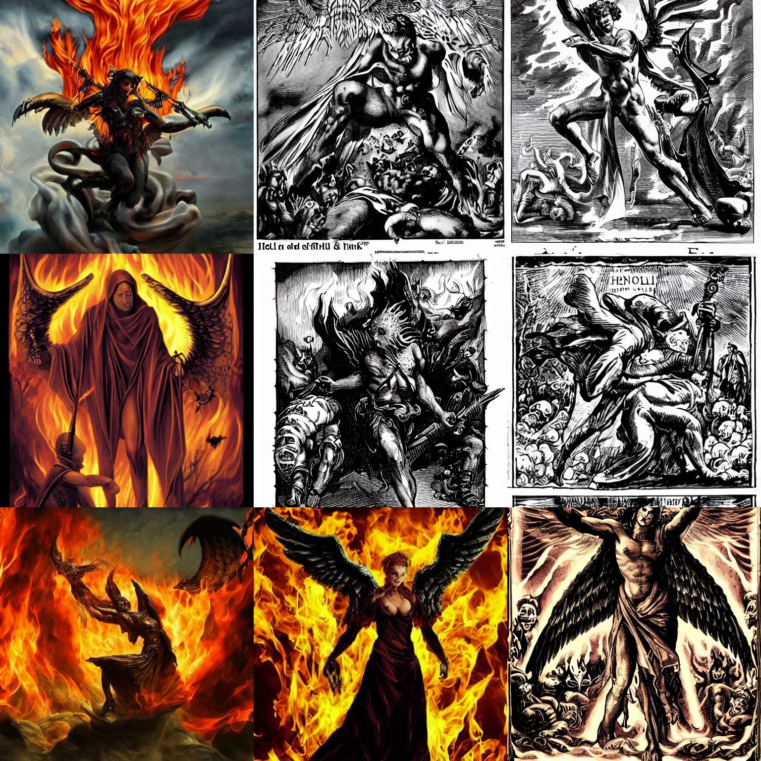 Prompt: hell with dark fire and angels punishing sinful people