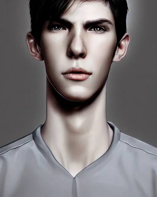 Image similar to portrait of 1 5 - year - old boy, a tall, slender boy with a pale, pointed face, sleek blond hair, and ice grey eyes, wearing in shirt, hyper realistic face, beautiful eyes, character art, art by mark brooks, hyperdetailed, cryengine, trending on artstation, digital art