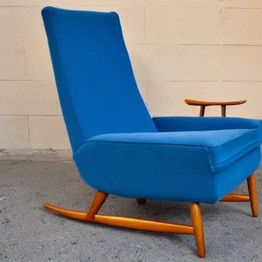 Image similar to a soft comfortable long chair, birch wood, tall, mid century modern, with an antique blue cotton ottoman