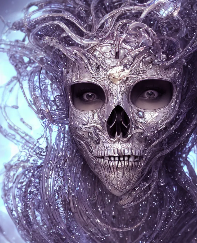 Image similar to close-up macro portrait of the face of a beautiful princess in a skull chrome mask, epic angle and pose, symmetrical artwork, 3d with depth of field, blurred background, cybernetic jellyfish female face skull phoenix bird, translucent, nautilus, energy flows of water and fire. a highly detailed epic cinematic concept art CG render. made in Maya, Blender and Photoshop, octane render, excellent composition, cinematic dystopian brutalist atmosphere, dynamic dramatic cinematic lighting, aesthetic, very inspirational, arthouse. y Greg Rutkowski, Ilya Kuvshinov, WLOP, Stanley Artgerm Lau, Ruan Jia and Fenghua Zhong