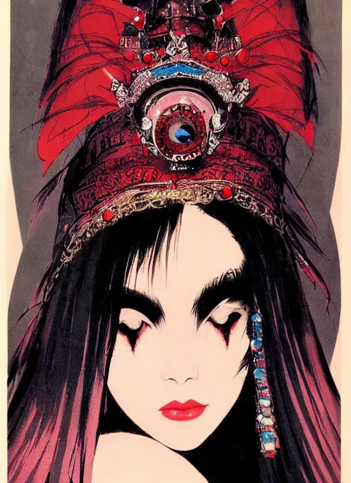 Image similar to svelt female korean vampiress, jeweled headdress, heavy mascara, strong line, saturated color, beautiful! coherent! by frank frazetta, high contrast, minimalism