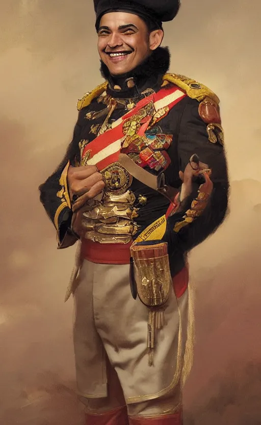 Image similar to Portrait of a smiling hispanic man wearing a ceremonial uniform, male, cheerful, detailed face, 19th century, highly detailed, cinematic lighting, digital art painting by greg rutkowski