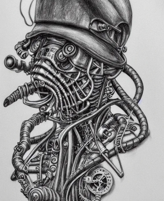 Image similar to a detailed pencil portrait of a steampunk davy jones