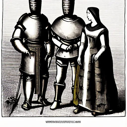 Image similar to a knight in armor standing next to a peasant woman on the left and a peasant woman on the right, illustration