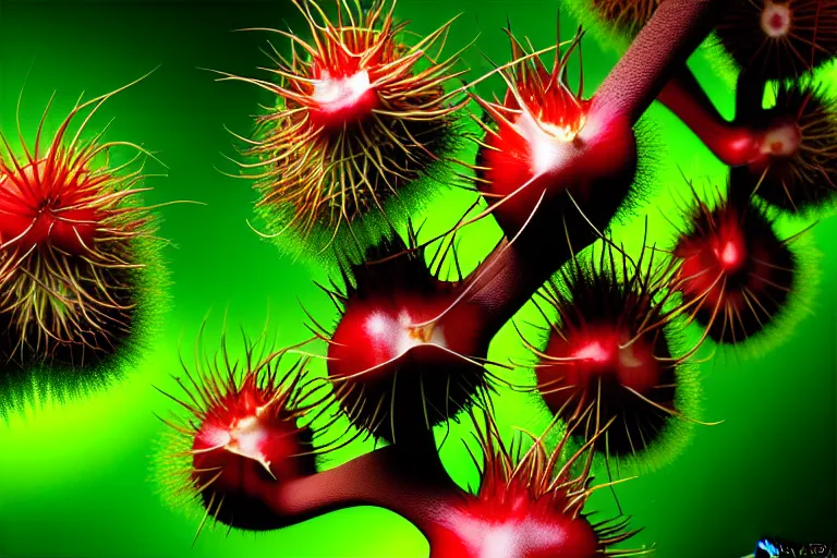 Image similar to jungle of the rambutan, art by ron miller and matthew stawicki and jurgen ziewe, trending on artstation, halfrear lighting microscopic view telephoto lens, cgsociety, final, long exposure, socialist realism