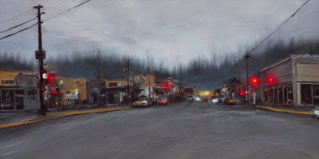 Prompt: painterly, messy, ominous! landscape of north bend, washington main street, dark, lonely!! stop light glowing, twin peaks, 'lone dark figure'!!