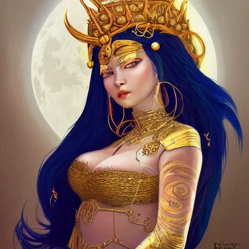 Image similar to painting of junoesque plus size mongolian priestess of the moon, golden filigree armor and tiara, moon above head, dark blue straight hair, smooth translucent skin, wide striking eyes, beautiful! coherent! by brom, by brian froud, strong line, high contrast, muted color, 4 k, trending on artstation