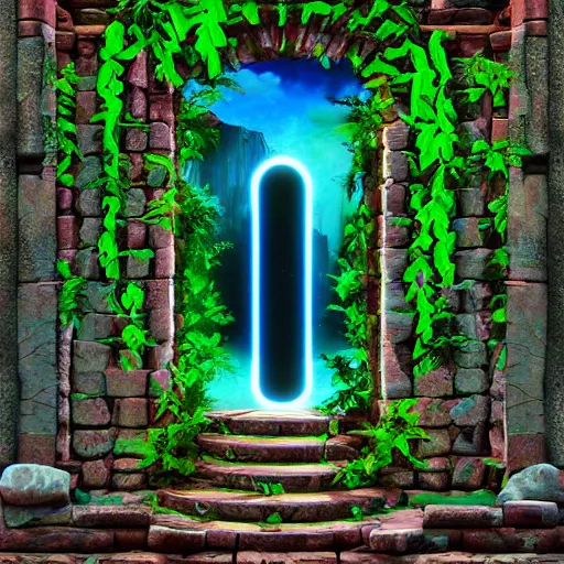 Image similar to ancient ruins with a portal and plants,digital art,retrowave art