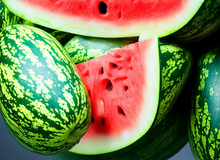 Image similar to photo still of a watermelon with human eyes and mouth, 8 k, studio lighting bright ambient lighting key light, 8 5 mm f 1. 8