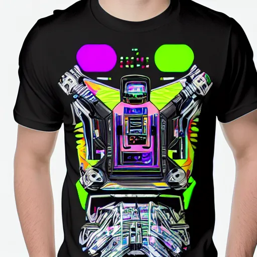 Image similar to mockup of a black tshirt with a hyperdetailed portrait of a trippy cyberpunk robot, 8 k, symetrical, flourescent colors, happy mood, multicolored,