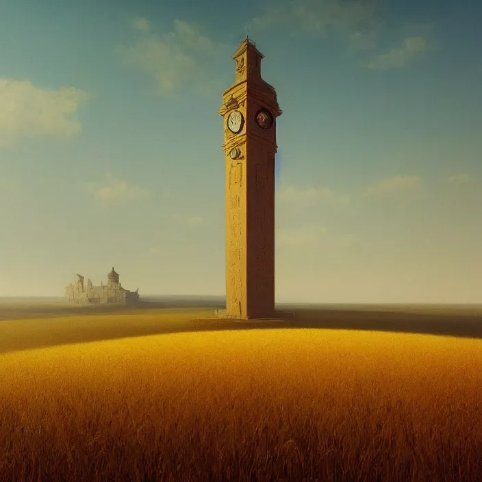 Image similar to a beautiful painting of a clock tower in a field of golden wheat by ivan aivazovsky and zdzisław beksinski and rene magritte and greg rutkowski and james gurney, in style of digital art. hyper detailed. octane render. maya. trending on artstation