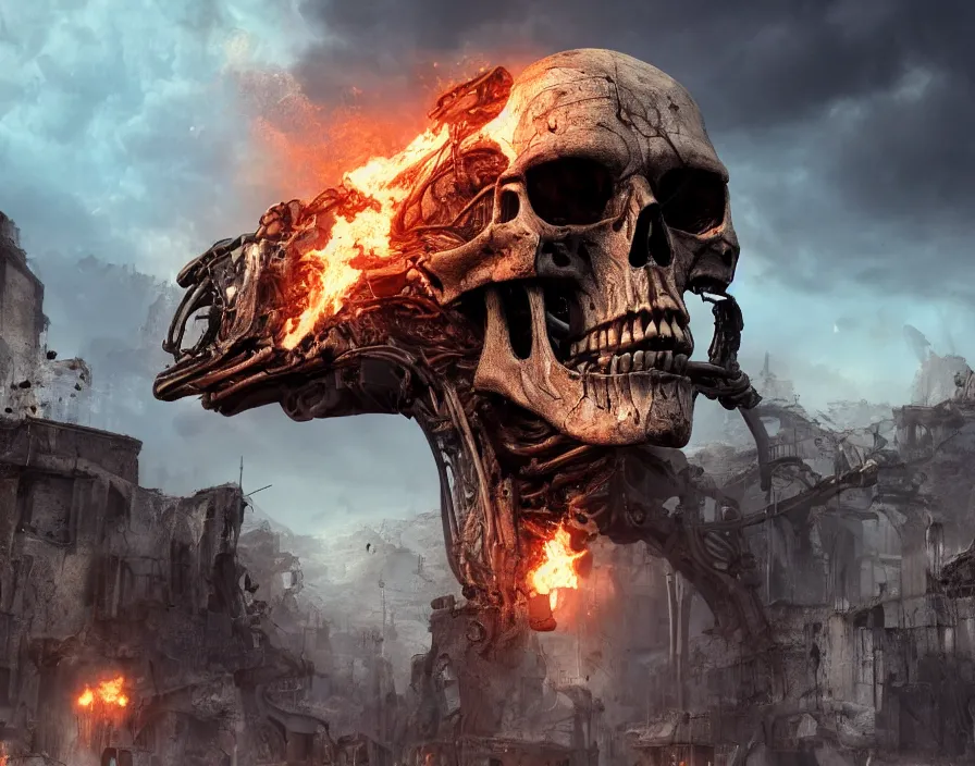Prompt: terminator skull, destroyed town on background, fantasy artwork, very beautiful scenery, hd, hdr, ue 5, ue 6, unreal engine 5, cinematic 4 k wallpaper, 8 k, ultra detailed, by popular digital, details, beautiful image ever created, high resolution, artstation, award winning, detailed body, details face, realistic body proportions