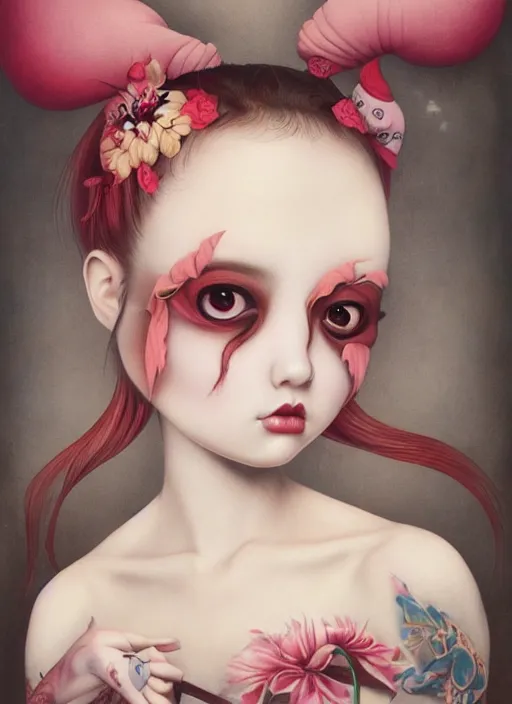 Image similar to pop surrealism, lowbrow art, realistic cute japanese girl wearing bikini painting, japanese street fashion, hyper realism, muted colours, rococo, natalie shau, loreta lux, tom bagshaw, mark ryden, trevor brown style,