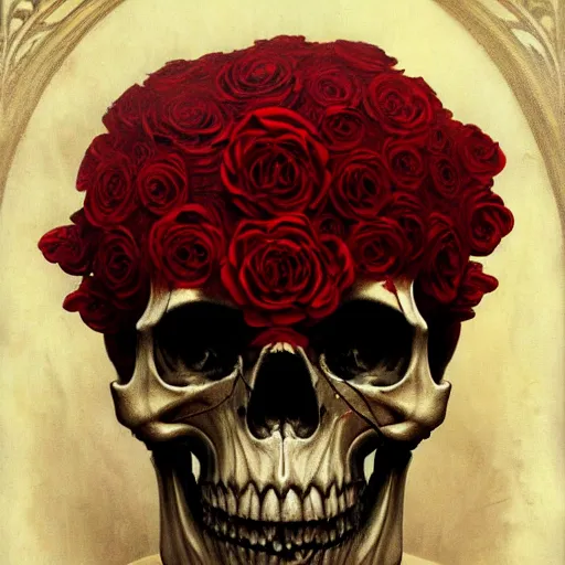 Image similar to skull made of red roses, organic horror, devil, death, giger, epic, baroque, extremely detailed and intricate, artstation, digital painting, alphonse mucha, artgerm, greg rutkowski, cgsociety