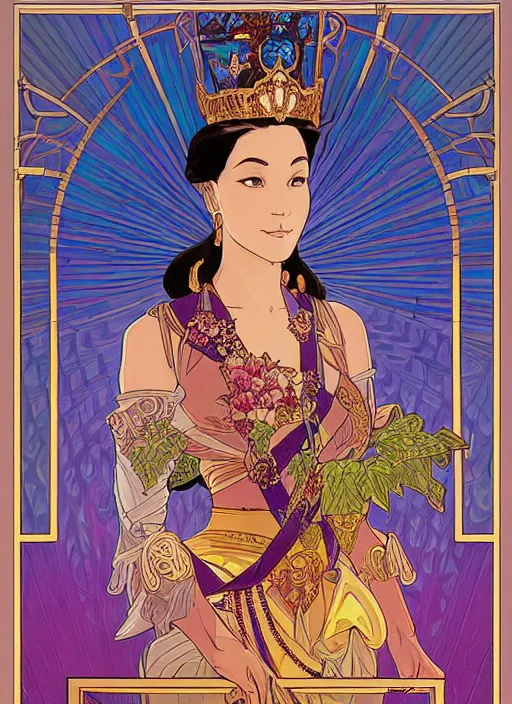 Image similar to well - lit art nouveau portrait of queen sirikrit of thailand, natural lighting, path traced, highly detailed, high quality, photorealistic, cartoon, digital painting, by don bluth and ross tran and studio ghibli and alphonse mucha