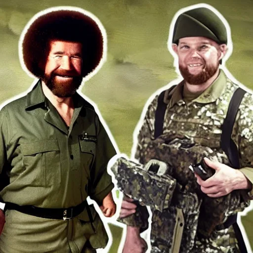 Image similar to bob ross in military fatigues, on the battlefield, ultra realistic