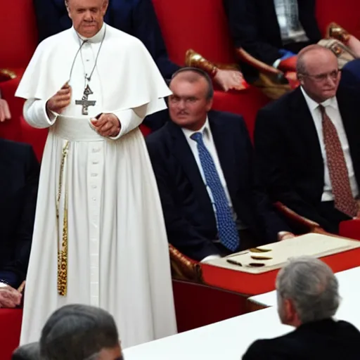 Prompt: Donald Tusk in Pope\'s Outfit during a Speech in the Senate on Coruscant