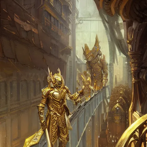 Prompt: A young king in golden armor making a speech from a balcony with his servant beside him, fantasy, highly detailed, digital painting, artstation, concept art, illustration, art by Bayard Wu and Marc Simonetti