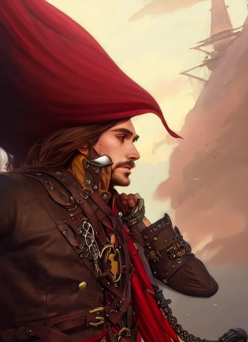 Prompt: male airship pirate, D&D, handsome, side profile, fantasy, intricate, long hair, leather coat, airship, steampunk, red hair, elegant, highly detailed, digital painting, artstation, concept art, smooth, sharp focus, illustration, art by artgerm and greg rutkowski and alphonse mucha