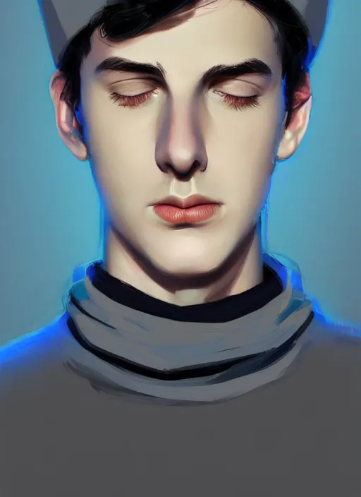 Image similar to portrait of teenage jughead jones wearing a light grey crown, crown, blue turtleneck, 1 9 5 0 s, closed eyes, photorealistic, black hair, glowing lighting, intricate, elegant, glowing lights, highly detailed, digital painting, artstation, concept art, smooth, sharp focus, illustration, art by wlop, mars ravelo and greg rutkowski