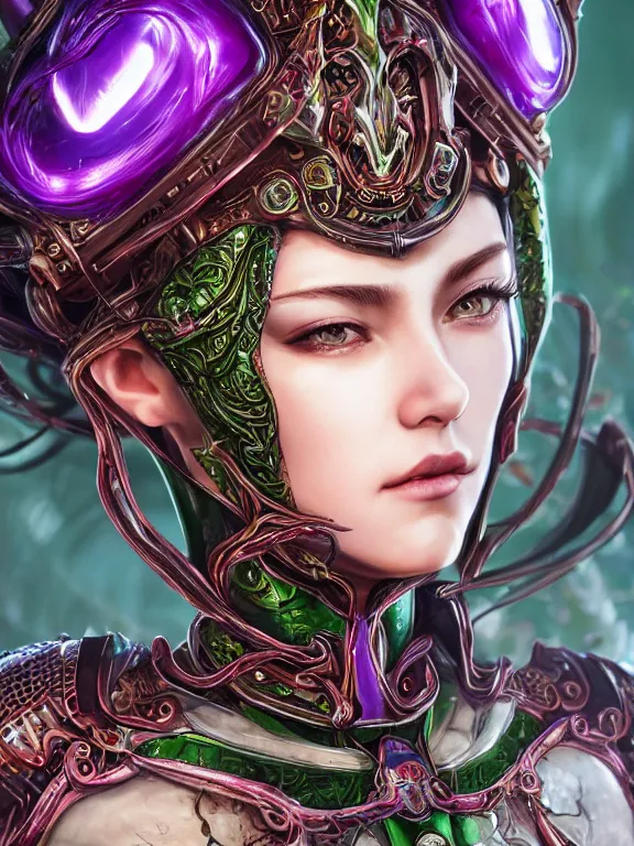 Prompt: portrait art of 8k ultra realistic green-eyed girl,intricate red crown on small purple tentacles, detailed intricate red ornate armour, cybernetic, full of colour, cinematic lighting, trending on artstation, 4k, hyperrealistic, focused, extreme details,unreal engine 5, cinematic, masterpiece, art by ayami kojima,