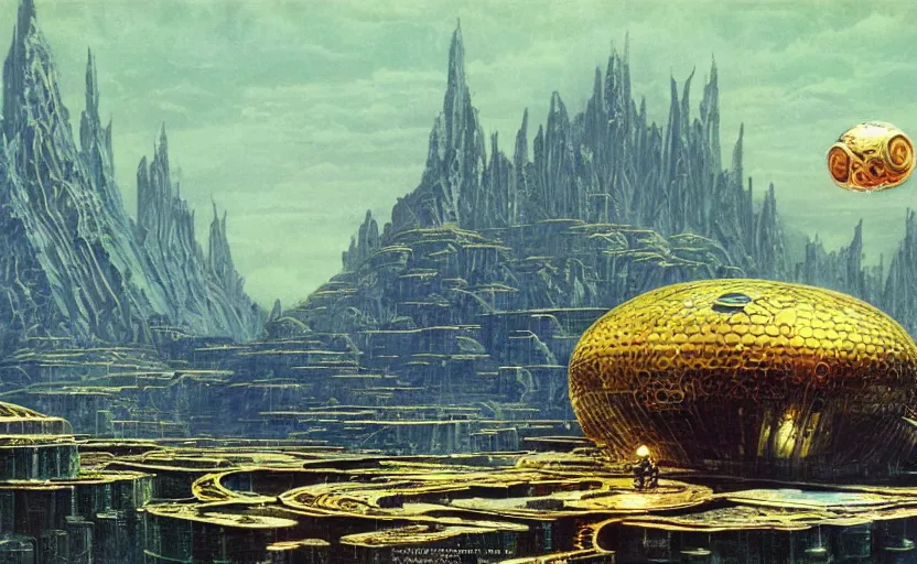 Prompt: translucent krang brain spaceship flying underneath floating middle earth city, bruce pennington