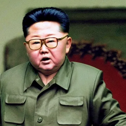 Prompt: a still of Kim Jong-il as Jason Voorhees, north Korean slasher