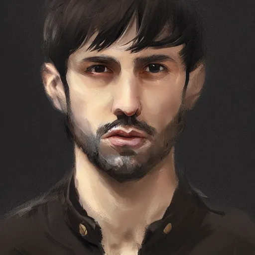 Image similar to Portrait of a man by Greg Rutkowski, he is about 30 years old, short black hair with bangs, his features are a mix between French, Turkish and Russian and he is wearing a beige and black utility jumpsuit, highly detailed portrait, digital painting, artstation, concept art, smooth, sharp foccus ilustration, Artstation HQ.