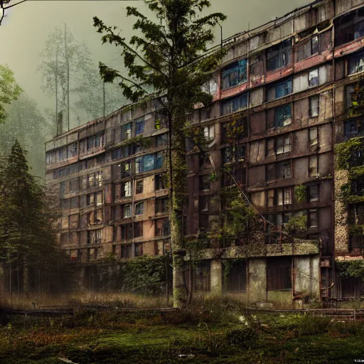 Prompt: a beautiful ultradetailed render of city building unfinished building urbex industrial architecture dormitory by antoine predock, wilderness mars steampunk reclaimed by nature forest tundra rainforest postcyberpunk myst, archdaily, wallpaper, highly detailed, trending on artstation.