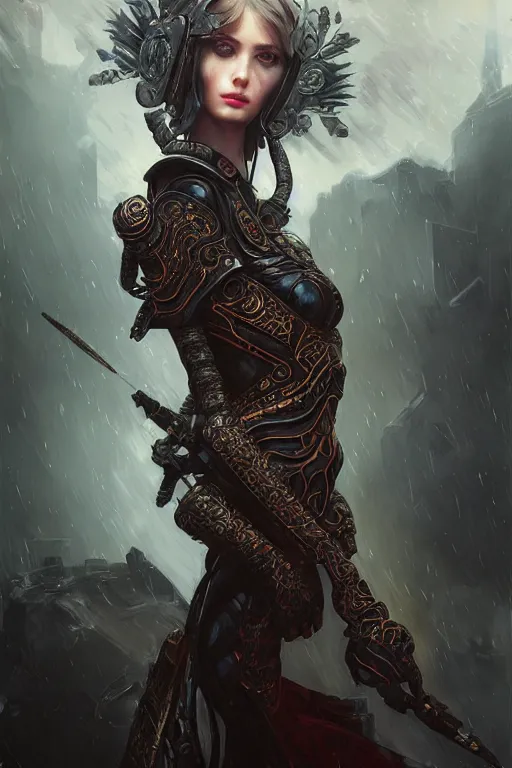 Image similar to portrait knights of Zodiac girl+smoky eyes, black fire color reflected armor, in ruined Agora of Athens rainy night, ssci-fi and fantasy, intricate and very very beautiful and elegant, highly detailed, digital painting, artstation, concept art, smooth and sharp focus, illustration, art by tian zi and WLOP and alphonse mucha