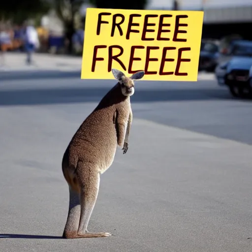 Image similar to < photo hd legible > a kangaroo holding a sign that says'free ross'< / photo >