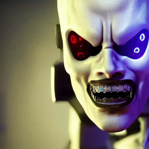 Prompt: portrait of a evil gangsta robot possessed by demon, expression, unreal engine, dramatic cinematic lighting rendered by octane, 8 k, detailed