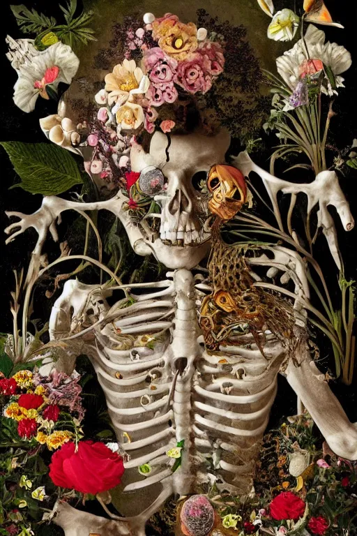 Image similar to a man lying in flowers and bones, he has large eyes and lips and feels an existential dread of love, surrounded by IV bags, HD Mixed media collage, highly detailed and intricate, surreal illustration in the style of Caravaggio, baroque dark art