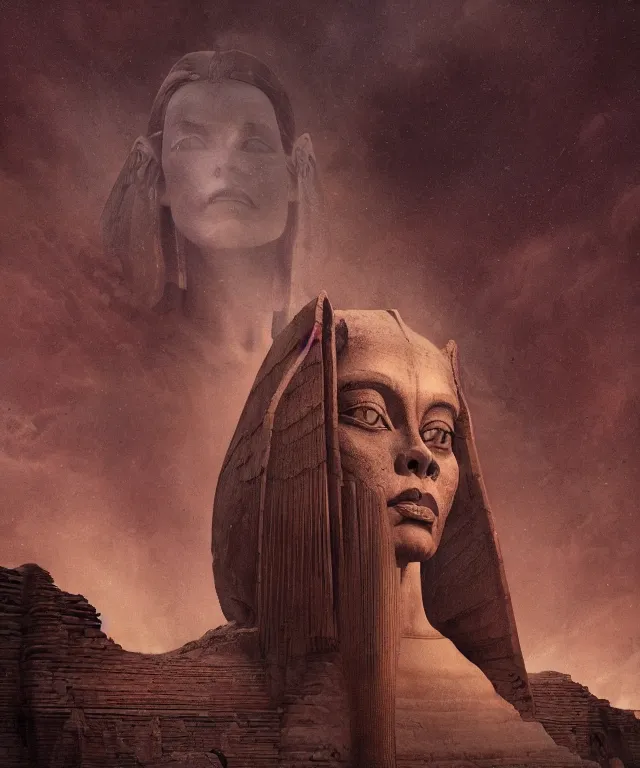 Image similar to epic professional digital art the sphinx, horrific yet beautiful vibe, evocative, atmospheric lighting, painted, intricate, highly detailed, by leesha hannigan, wayne haag, reyna rochin, ignacio fernandez rios, mark ryden, iris van herpen, artstation, cgsociety, stunning, gorgeous, sharp focus, cinematic, masterpiece