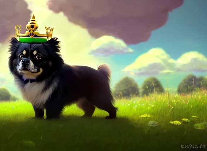 Image similar to a wholesome animation key shot of a black tibetan spaniel, wearing a crown, green field, studio ghibli, pixar and disney animation, sharp, rendered in unreal engine 5, anime key art by greg rutkowski, bloom, dramatic lighting