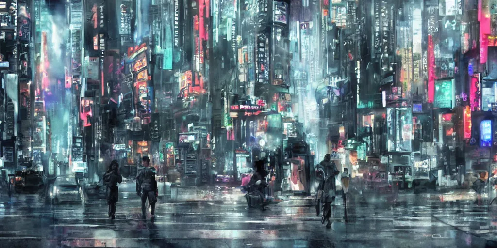 Image similar to the coming AI singularity, street scene, ultrawide watercolor, Ghost in the Shell