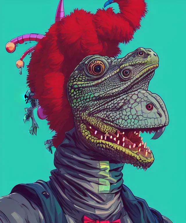 Image similar to a portrait of an iguana wearing a clown outfit, cyberpunk!, fantasy, elegant, digital painting, artstation, concept art, matte, sharp focus, illustration, art by josan gonzalez