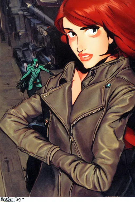 Prompt: portrait of an attractive young female protagonist, center focus, wearing leather jacket, in city street, detailed face, artwork by ralph bakshi