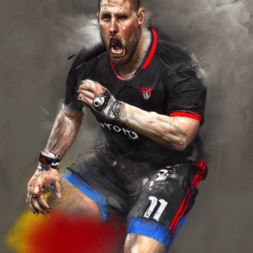 Image similar to A realistic hyperdetailed multi-colored digital oil full body portrait painting of a fat goal keeper saving a penalty, black jersey, short hair, in the style of Guy Denning, Ruan Jia, and Craig Mullins. Trending on ArtStation and DeviantArt. CGSociety Digital art.