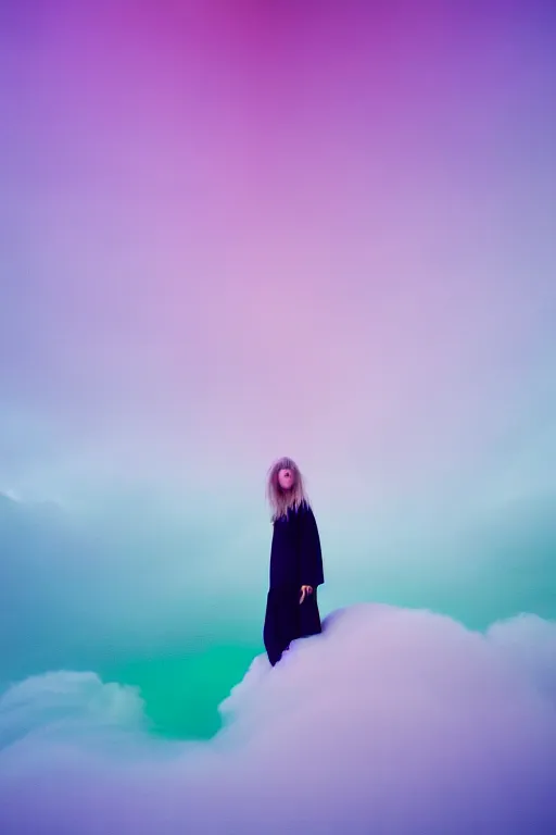 Image similar to high quality pastel coloured film close up wide angle photograph of a model wearing clothing resting on cloud furniture in a icelandic black rock!! environment in a partially haze filled dreamstate world. three point light, rainbow. photographic production. art directed. pastel colours. volumetric clouds. pastel gradient overlay. waves glitch artefacts. extreme facial clarity. 8 k. filmic.