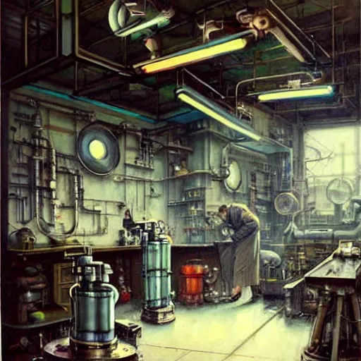 Image similar to ( ( ( ( ( 1 9 5 0 s retro science fiction cluttered robot mechanics shop interior scene. muted colors. ) ) ) ) ) by jean - baptiste monge!!!!!!!!!!!!!!!!!!!!!!!!!!!!!!