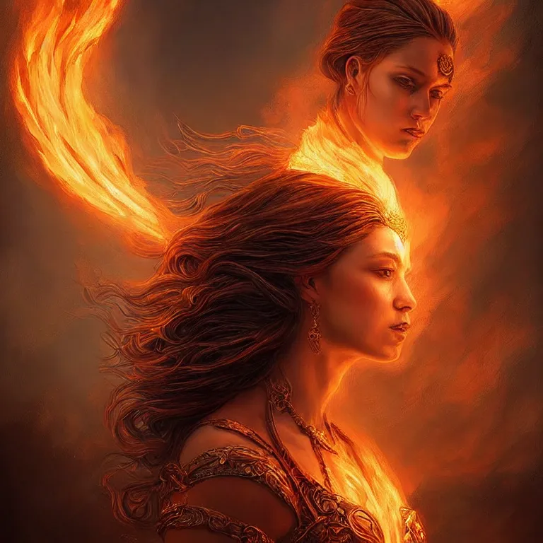 Prompt: Majestic painting of a beautiful young female fire goddess!!, intricate, epic, elegant, menacing, fantasy, highly detailed, digital painting, hard focus, beautiful volumetric lighting, epic light, ultra detailed, souls, smoke, by Leesha Hannigan, Ross Tran, Thierry Doizon, Kai Carpenter, Ignacio Fernández Ríos