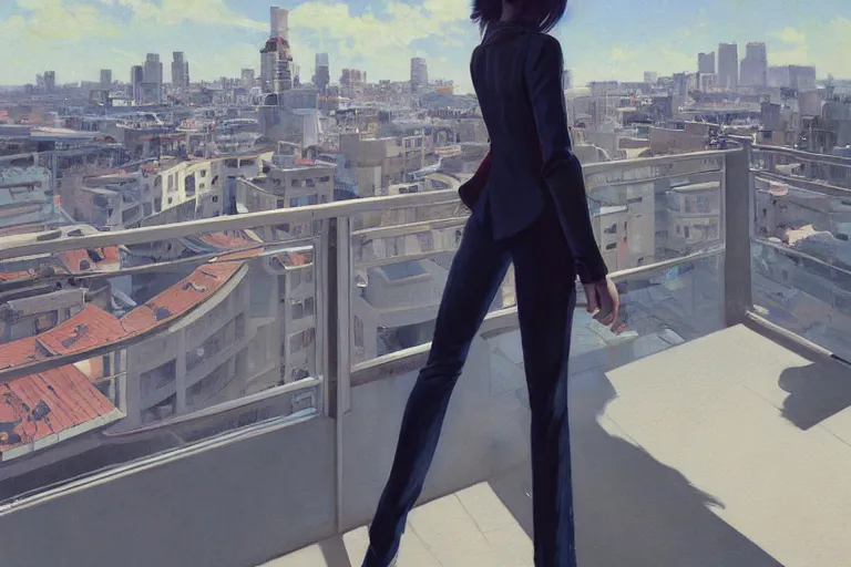 Prompt: A ultradetailed beautiful portrait panting of a stylish woman standing on a balcony overlooking the city, Oil painting, by Ilya Kuvshinov, Greg Rutkowski and Makoto Shinkai