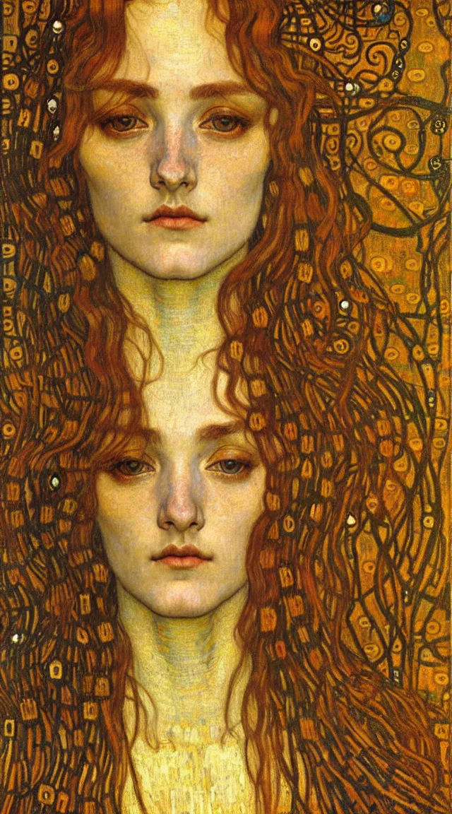 Image similar to detailed realistic beautiful young medieval queen face portrait by jean delville, gustav klimt and vincent van gogh, art nouveau, symbolist, visionary, gothic, pre - raphaelite, muted earthy colors, desaturated