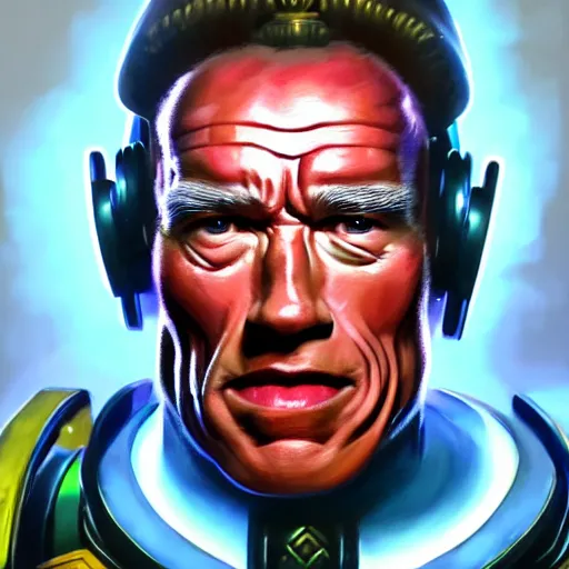 Image similar to a screenshot of arnold schwarzenegger as zenyatta in overwatch, portrait, fantasy, beautiful face, vivid colors, elegant, concept art, sharp focus, digital art, hyper - realistic, 4 k, unreal engine, highly detailed, hd, dramatic lighting by brom, trending on artstation