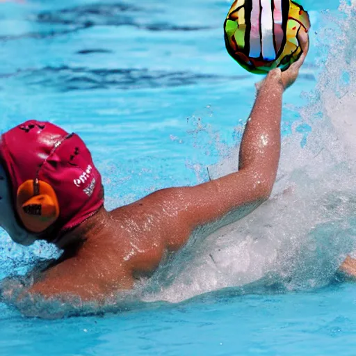 Image similar to a water polo player riding a hippopotamus. sports photograph.