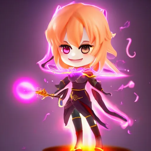 Image similar to cute pvc figure of a chibi sorceress casting flare maxima, the most powerful incinerating spell in the universe, lens flare, motion blur, artstation